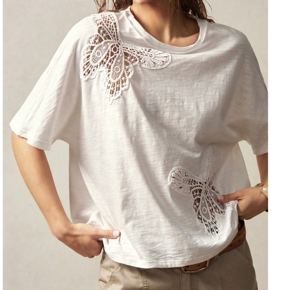 Boho White Lace Butterfly Cut out Short Sleeve Loose Fit Top